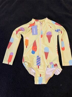 Lizenz Kids' Yellow Ice Cream Print Long-Sleeve One-Piece Swimsuit 3-4T